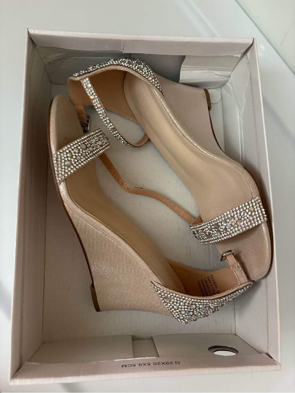 David's Bridal Champagne Blush Rhinestone Wedge Sandals Sz 7.5